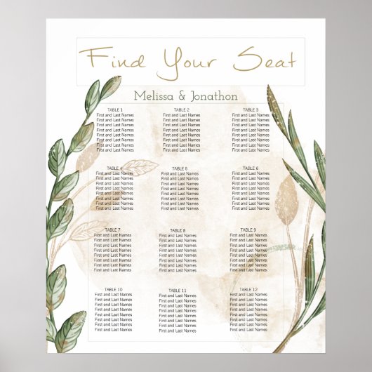 Gold Sage Green Floral Wedding Seating Chart Poster (Voorkant)