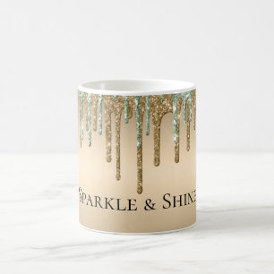 Gold Sage Green Sparkle Glitter Drips Koffiemok