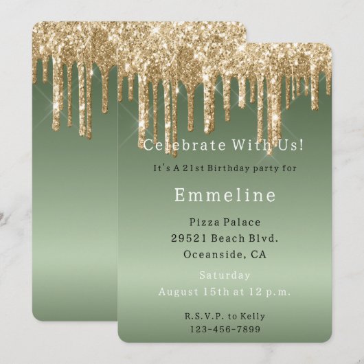 Gold Sage Green Sparkle Glitter Drips Verjaardag Kaart (Voorkant / Achterkant)