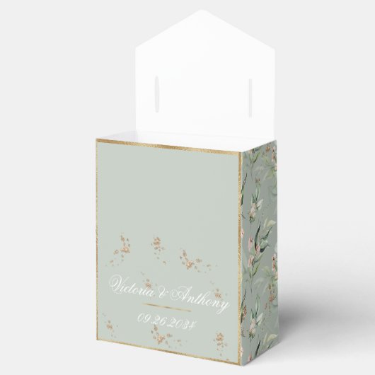 Gold Sage Green Waterverf Floral Name Wedding Bedankdoosjes (Geopend)