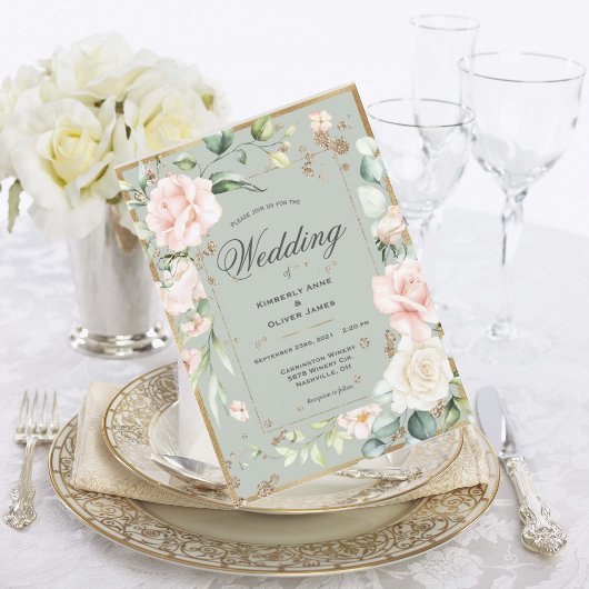 Gold Sage Green Waterverf Romantic Floral Wedding Kaart