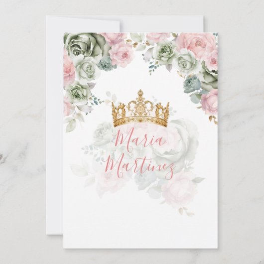 Gold Sage Groen & Roze Bloemen Prinses Mis Quince Kaart (Achterkant)