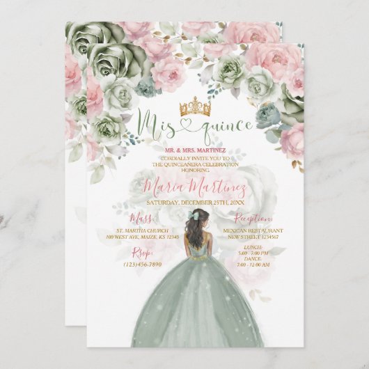 Gold Sage Groen & Roze Bloemen Prinses Mis Quince Kaart (Voorkant / Achterkant)