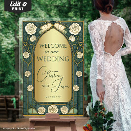 Gold Sage Stained Glass Floral Wedding Welcome Acryl Bord