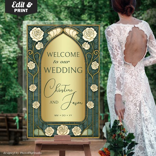 Gold Sage Stained Glass Floral Wedding Welcome Acryl Bord