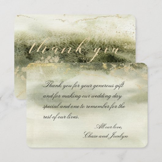 Gold & Sage Waterverf Wave Calligrafie Hartelijk d Bedankkaart (Voorkant / Achterkant)