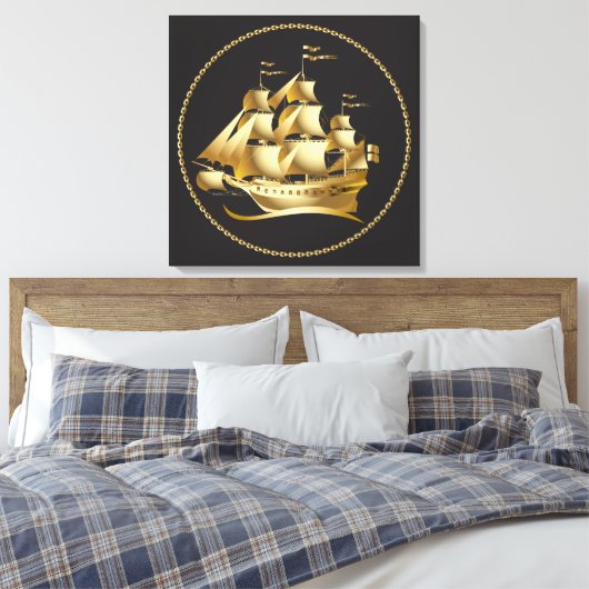 Gold Sailboot Nautical Canvas Afdruk (Insitu (Slaapkamer))