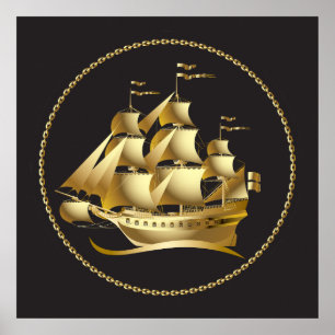 Gold Sailboot Nautical Poster