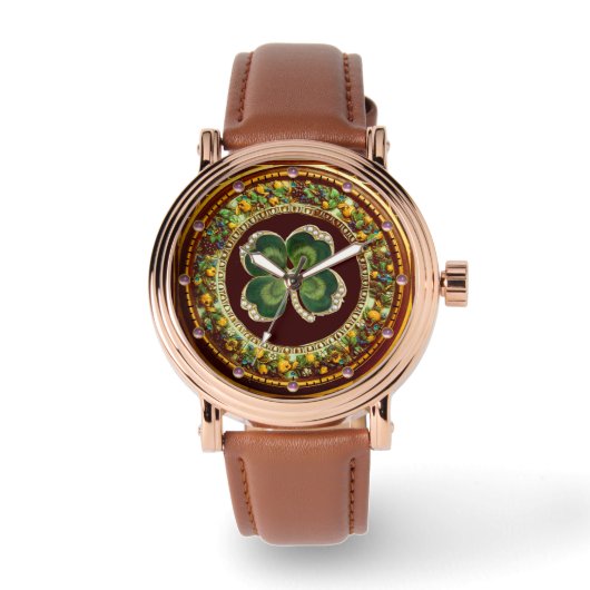 Gold Saint Patrick Shamrock Jewel met Pearls Horloge (Voorkant)