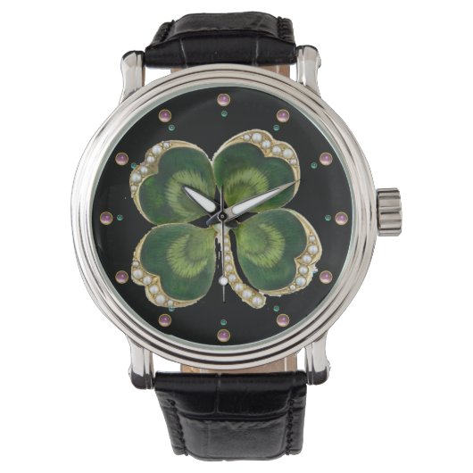Gold Saint Patrick Shamrock Jewel met Pearls Horloge (Voorkant)