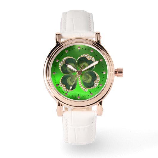 Gold Saint Patrick Shamrock Jewel met Pearls Horloge (Voorkant)