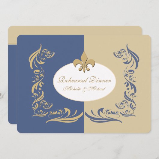 Gold Sand en Ice Blue Fleur de Lis Wedding Event Kaart (Voorkant / Achterkant)