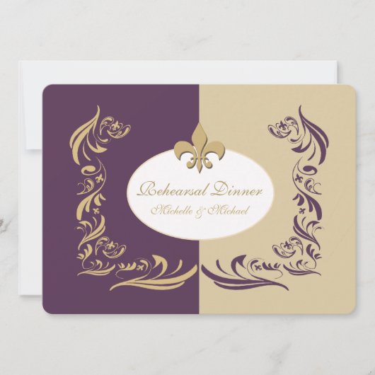 Gold Sand en Paarse Fleur de Lis Wedding Event Kaart (Voorkant)