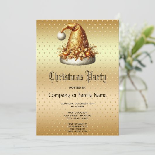 Gold Santa Hat Kerstfeest Uitnodiging (Staand voorkant)