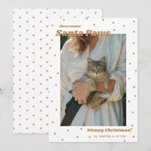 Gold Santa Paws Meowy kerstkat-fotokaart Feestdagenkaart (Voorkant / Achterkant)
