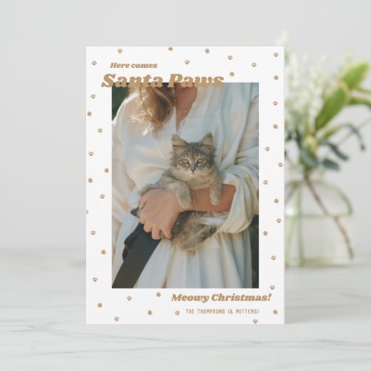 Gold Santa Paws Meowy kerstkat-fotokaart Feestdagenkaart (Staand voorkant)