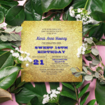 Gold & Sapphire Blue Sparkly Sweet 16 Uitnodiging