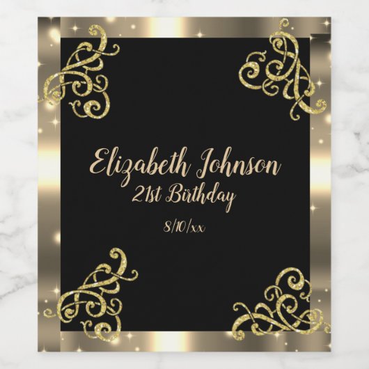 Gold Satin Glitter Scroll Birthday Wijn Etiket (Enkel label)