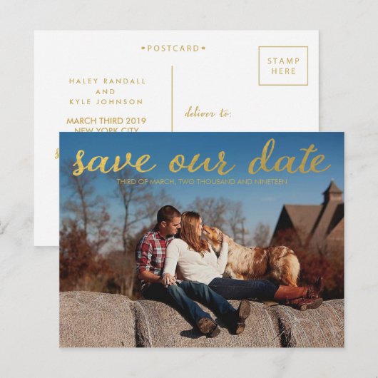 Gold Save Our Date Photo Overlay Briefkaart (Voorkant / Achterkant)