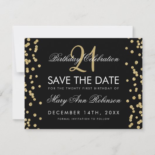 Gold Save the Date 21st Birthday Confetti Black (Voorkant)