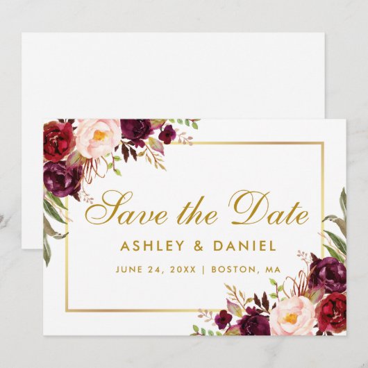 Gold Save the Date Floral Burgundy (Voorkant / Achterkant)