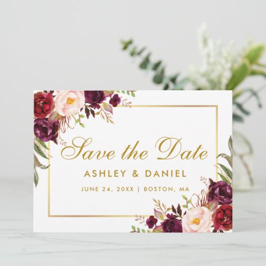 Gold Save the Date Floral Burgundy BB (Staand voorkant)