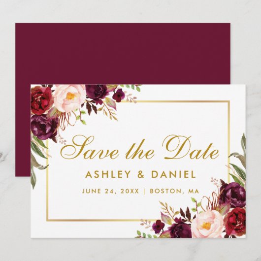 Gold Save the Date Floral Burgundy BB (Voorkant / Achterkant)