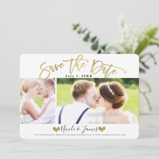 Gold Save the Date Modern Photo Wedding Verloving Kaart (Staand voorkant)