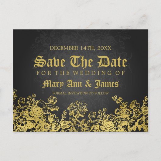 Gold Save The Date Victoriaans Flourish Black Aankondigingskaart (Voorkant)
