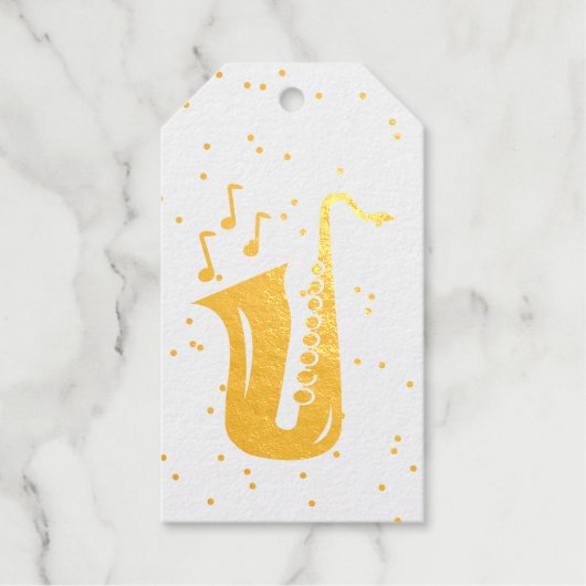 Gold saxophone goudfolie met kerstcadeaus cadeaulabels (Voorkant)