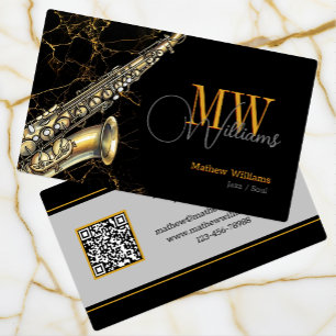 Gold Saxophone Jazz, Zwart & QR Code, Monogram Visitekaartje