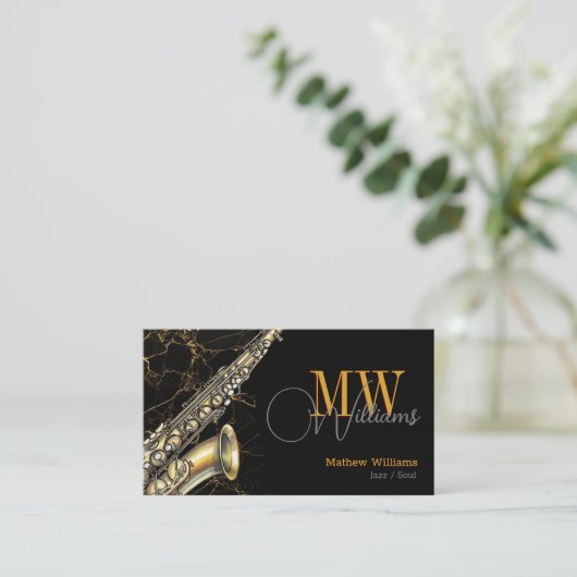 Gold Saxophone Jazz, Zwart & QR Code, Monogram Visitekaartje (Staand voorkant)