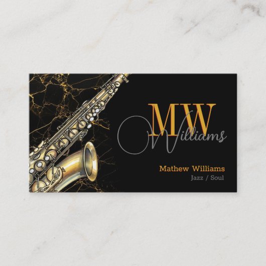 Gold Saxophone Jazz, Zwart & QR Code, Monogram Visitekaartje (Voorkant)