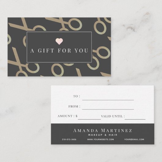 Gold Scissor Pattern Dark Gray Cadeaucertificaat Visitekaartje (Voorkant / Achterkant)