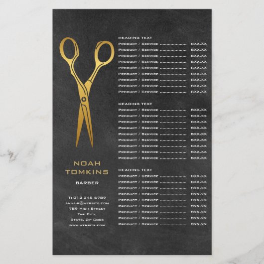 Gold Scissors Barber Chalkboard Service Menu (Voorkant)