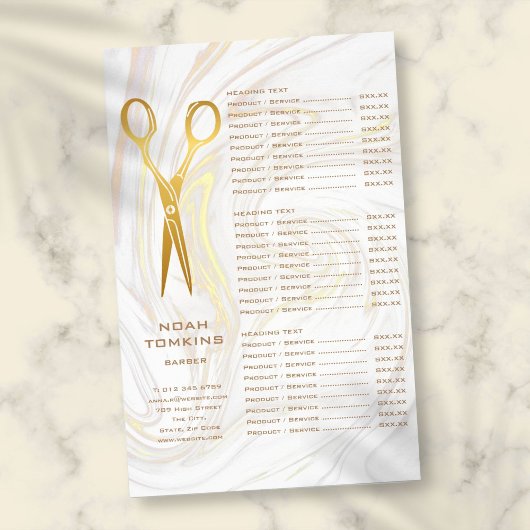 Gold Scissors Barber Marble Service Menu