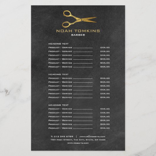 Gold Scissors Barber Service Menu Chalkboard (Voorkant)