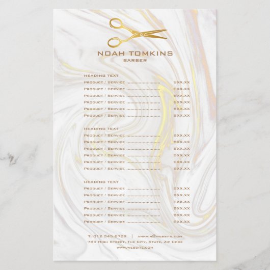 Gold Scissors Barber Service Menu Marble (Voorkant)