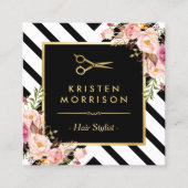 Gold Scissors Flowers Hair Stylist Beauty Salon Vierkante Visitekaartje (Voorkant)