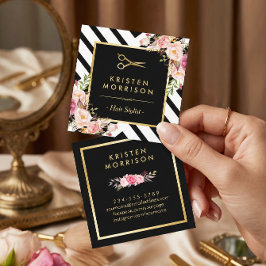 Gold Scissors Flowers Hair Stylist Beauty Salon Vierkante Visitekaartje