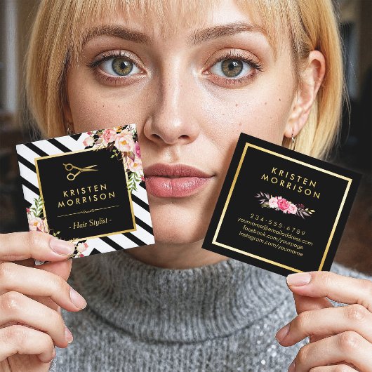 Gold Scissors Flowers Hair Stylist Beauty Salon Vierkante Visitekaartje