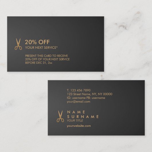 Gold Scissors Hair Stylist Black Gradient Korting Visitekaartje (Voorkant / Achterkant)