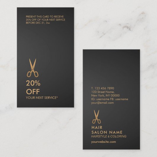 Gold Scissors Hair Stylist Black Korting Verticaal Visitekaartje (Voorkant / Achterkant)
