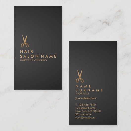 Gold Scissors Hair Stylist Black Verticaal verloop Visitekaartje (Voorkant / Achterkant)