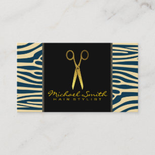 Gold Scissors Hair Stylist Modern Zebra Skin #37 Visitekaartje