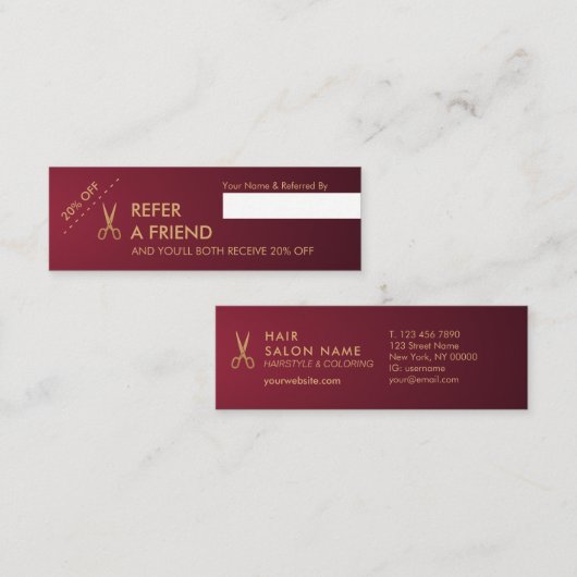 Gold Scissors Hair Stylist Wine Gradient Reference Mini Visitekaartje (Voorkant / Achterkant)
