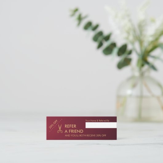 Gold Scissors Hair Stylist Wine Gradient Reference Mini Visitekaartje (Staand voorkant)