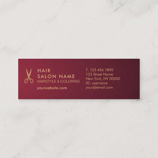 Gold Scissors Hair Stylist Wine Gradient Reference Mini Visitekaartje (Achterkant)