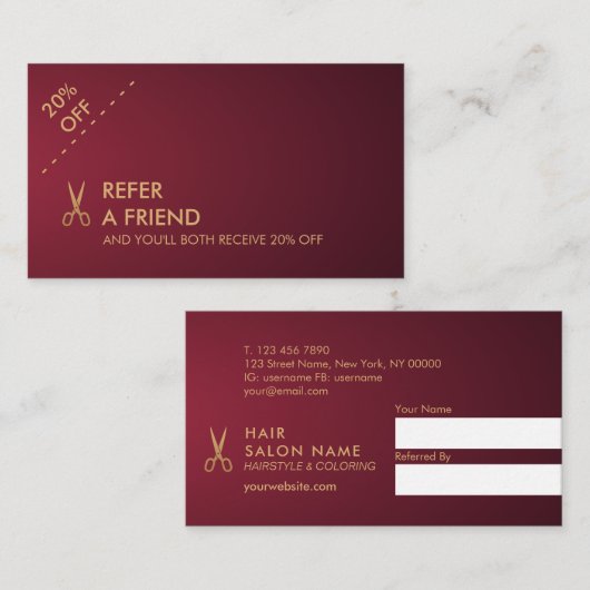 Gold Scissors Hair Stylist Wine Gradient Reference Visitekaartje (Voorkant / Achterkant)