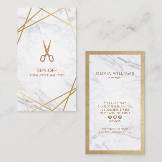 Gold Scissors Marble Haarstylist Discount Verticaa Visitekaartje (Voorkant / Achterkant)